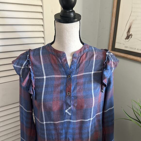 CLOTH STONE ANTHROPOLOGIE Dress Womens XS Blue Plaid Shift Ruffle Shoulder Fall - Picture 3 of 10